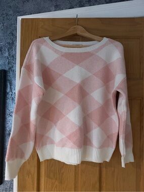 LOFT Pink and White Argyle Crewneck Sweater